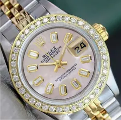 ROLEX DATEJUST LADIES TWOTONE GOLD STEEL PINK MOTHER OF PEARL BAGUETTE WATCH
