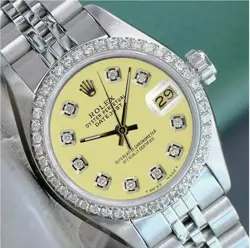 ROLEX LADIES DATEJUST WATCH STAINLESS STEEL YELLOW DIAMOND DIAL .90CTS BEZEL