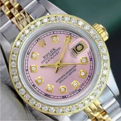 ROLEX DATEJUST LADIES TWOTONE GOLD STEEL PINK DIAL DIAMOND BEZEL JUBILEE WATCH