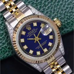 ROLEX DATEJUST WOMENS TWO-TONE GOLD STAINLESS STEEL BLUE DIAL DIAMOND LUGS WATCH