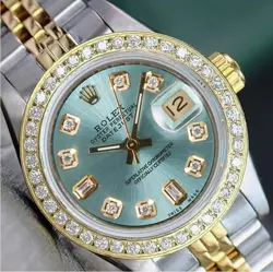ROLEX DATEJUST LADIES TWOTONE GOLD STEEL ICE BLUE DIAL DIAMOND BEZEL WATCH 26MM