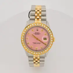 MENS 36MM ROLEX DATEJUST SS/10K GOLD JUBILEE 2 CTW DIAMOND BEZEL PINK DIAL WATCH