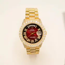 ICED OUT 36MM ROLEX DAY-DATE 18K YELLOW GOLD 15CT DIAMOND RED OMBRE FACE WATCH