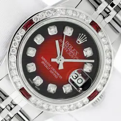 ROLEX LADIES DATEJUST WATCH STAINLESS STEEL RED DIAMOND DIAL, RUBY DIAMOND BEZEL