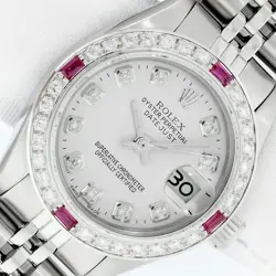 ROLEX LADIES DATEJUST QS WATCH STAINLESS STEEL SILVER DIAMOND DIAL, RUBY BEZEL