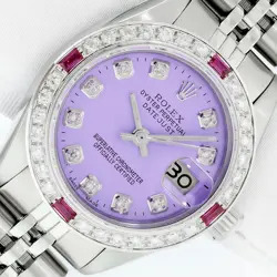 ROLEX LADIES DATEJUST QS WATCH STAINLESS STEEL PURPLE DIAMOND DIAL, RUBY BEZEL