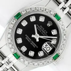 ROLEX LADIES DATEJUST QS WATCH STAINLESS STEEL BLACK DIAMOND DIAL, EMERALD BEZEL