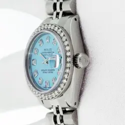 ROLEX LADIES DATEJUST STAINLESS STEEL QS WATCH, BLUE DIAMOND DIAL, DIAMOND BEZEL