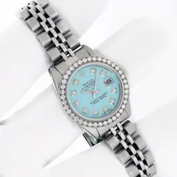 ROLEX LADIES DATEJUST STAINLESS STEEL QS WATCH, BLUE DIAMOND DIAL, DIAMOND BEZEL