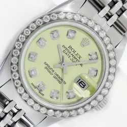 ROLEX LADIES DATEJUST STAINLESS STEEL WATCH,  YELLOW DIAMOND DIAL, DIAMOND BEZEL
