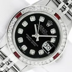 ROLEX LADIES DATEJUST WATCH STAINLESS STEEL BLACK DIAMOND DIAL, RUBY DIAMOND