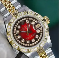 ROLEX DATEJUST LADIES TWOTONE GOLD STEEL STRING RED VIGNETTE DIAMOND DIAL WATCH