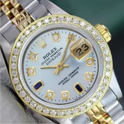 ROLEX DATEJUST LADIES TWOTONE GOLD STEEL BLUE DIAL DIAMOND BEZEL WATCH 26MM