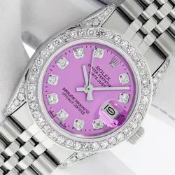 ROLEX MID-SIZE DATEJUST 68274 31MM STAINLESS STEEL PURPLE DIAMOND WATCH