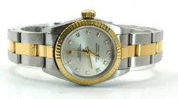 Rolex 67193 18k Gold Ladies Oyster Perpetual Two-Tone Silver Diamond Dial #368