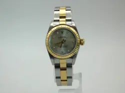 Rolex 67193 18k Gold Ladies Oyster Perpetual Two-Tone Silver Diamond Dial #368