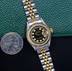 ROLEX DATEJUST WOMENS TWO-TONE GOLD STAINLESS STEEL BLACK DIAMOND LUGS WATCH