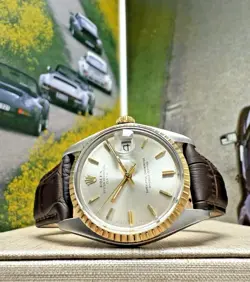 MENS ROLEX DATE YELLOW GOLD STAINLESS SILVER DIAL 34MM WATCH