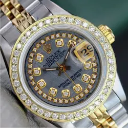 ROLEX DATEJUST LADIES TWOTONE GOLD STEEL GREY METEORITE DIAL DIAMOND BEZEL WATCH