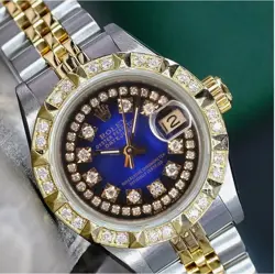 ROLEX DATEJUST LADIES TWOTONE GOLD STEEL STRING BLUE VIGNETTE DIAMOND DIAL WATCH
