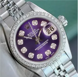 ROLEX LADIES DATEJUST WATCH STAINLESS STEEL PURPLE DIAMOND DIAL .90CTS BEZEL