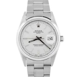 ROLEX OYSTER PERPETUAL DATE SILVER 34MM OYSTER STEEL NO-HOLES WATCH 15200