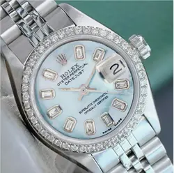 ROLEX LADIES DATEJUST WATCH STEEL BLUE MOTHER OF PEARL BAGUETTE DIAL & BEZEL
