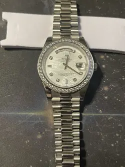 ROLEX DAY-DATE 36 128349RBR WHITE GOLD DIAMOND BEZEL MOTHER OF PEARL DIAMOND