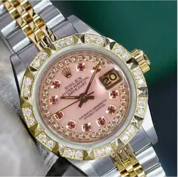 ROLEX DATEJUST LADIES TWOTONE GOLD STEEL STRING PINK MOP DIAMOND RUBY DIAL WATCH