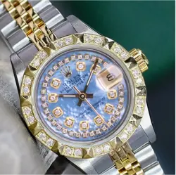 ROLEX DATEJUST LADIES TWOTONE GOLD STEEL BLUE MOTHER OF PEARL DIAMOND DIAL WATCH
