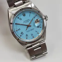ROLEX DATE 34 MM STEEL BLUE TURQUOISE ROMAN DIAL OYSTER WATCH 1500 CIRCA 1969