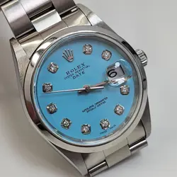 ROLEX DATE 34 MM BLUE TURQUOISE DIAMOND STEEL OYSTER WATCH 15200 U SERIES 1997