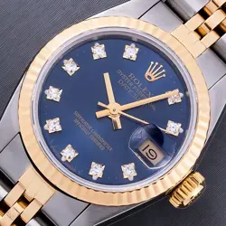 ROLEX LADIES DATEJUST BLUE DIAMOND WATCH WITH ROLEX 18K GOLD FLUTED BEZEL 69173
