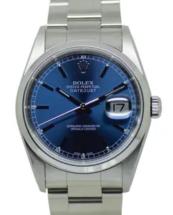ROLEX MENS DATEJUST 16200 BLUE STEEL BATON DIAL BRACELET BOX PAPERS