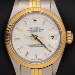 ROLEX DATE 69173 FLUTED BEZEL TWO-TONE JUBILEE WATCH 26MM WHITE INDEX DIAL