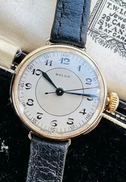 ROLEX 1923, 9K GOLD DRESS WATCH IN ORIGINAL BOX, RARE CENTRE SECONDS.  UNISEX.
