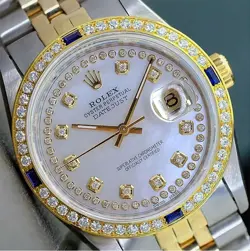 ROLEX DATEJUST MENS TWO-TONE 18KY & STEEL WHITE MOTHER OF PEARL DIAMOND WATCH