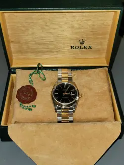 1997 18K GOLD&STEEL DATEJUST OYSTER PERPETUAL ROLEX WATCH BLACK GILT CYCLOP LENS
