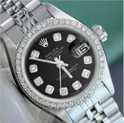 ROLEX LADIES DATEJUST WATCH STAINLESS STEEL BLACK DIAMOND DIAL .90CTS BEZEL
