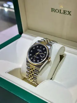 ROLEX DATEJUST 36MM TWO-TONE 18K & S/S BLACK DIAMOND DIAL JUBILEE BRACELET WATCH
