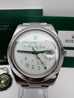 ROLEX DATEJUST 41MM 116300 WHO CARES I'M ALREADY LATE GREEN DIAL & HANDS PAPERS