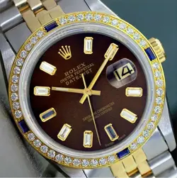 ROLEX DATEJUST MENS WATCH TWOTONE 18KY STEEL CHOCOLATE DIAMOND BAGUETTE 1.75CTS