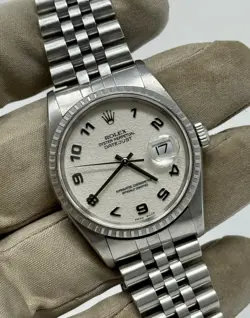 ROLEX DATEJUST 36 16220 RARE IVORY JUBILEE ARABIC DIAL STEEL JUBILEE BOX + PAPER