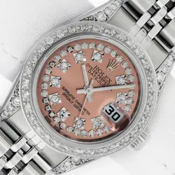 LADIES ROLEX QUICK-SET DIAMOND STAINLESS STEEL WITH SALMON DIAMOND DIAL WATCH