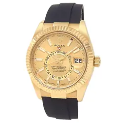 ROLEX SKY-DWELLER 18K YELLOW GOLD BLACK RUBBER AUTO CHAMPAGNE MEN'S WATCH 326238