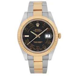 ROLEX DATEJUST II 41MM 18K YELLOW GOLD STEEL BLACK ROMAN DIAL MENS WATCH 116333