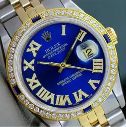ROLEX DATEJUST MENS WATCH TWO-TONE 18KY STEEL BLUE ROMAN DIAMOND DIAL 1.75CTS