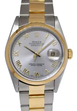 ROLEX DATEJUST 18K YELLOW GOLD/STEEL RHODIUM ROMAN DIAL MENS 36MM WATCH A 16203