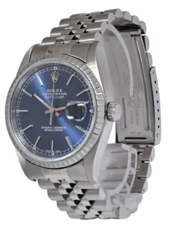 Rolex Datejust Steel Blue Dial Engine Turned Bezel Jubilee 36mm Watch A 16220