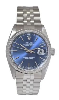 Rolex Datejust Steel Blue Dial Engine Turned Bezel Jubilee 36mm Watch A 16220